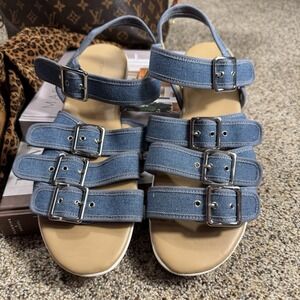 Aerosoles FIBBIE Denim Blue Multi-Strap Buckle Sandals Women's Size 10.5M